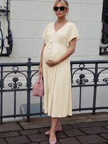 MaterniWear 孕婦夏季休閒優雅度假純色V領繫腰連身裙 拍照用 白色 - 杏色 - 查看 2