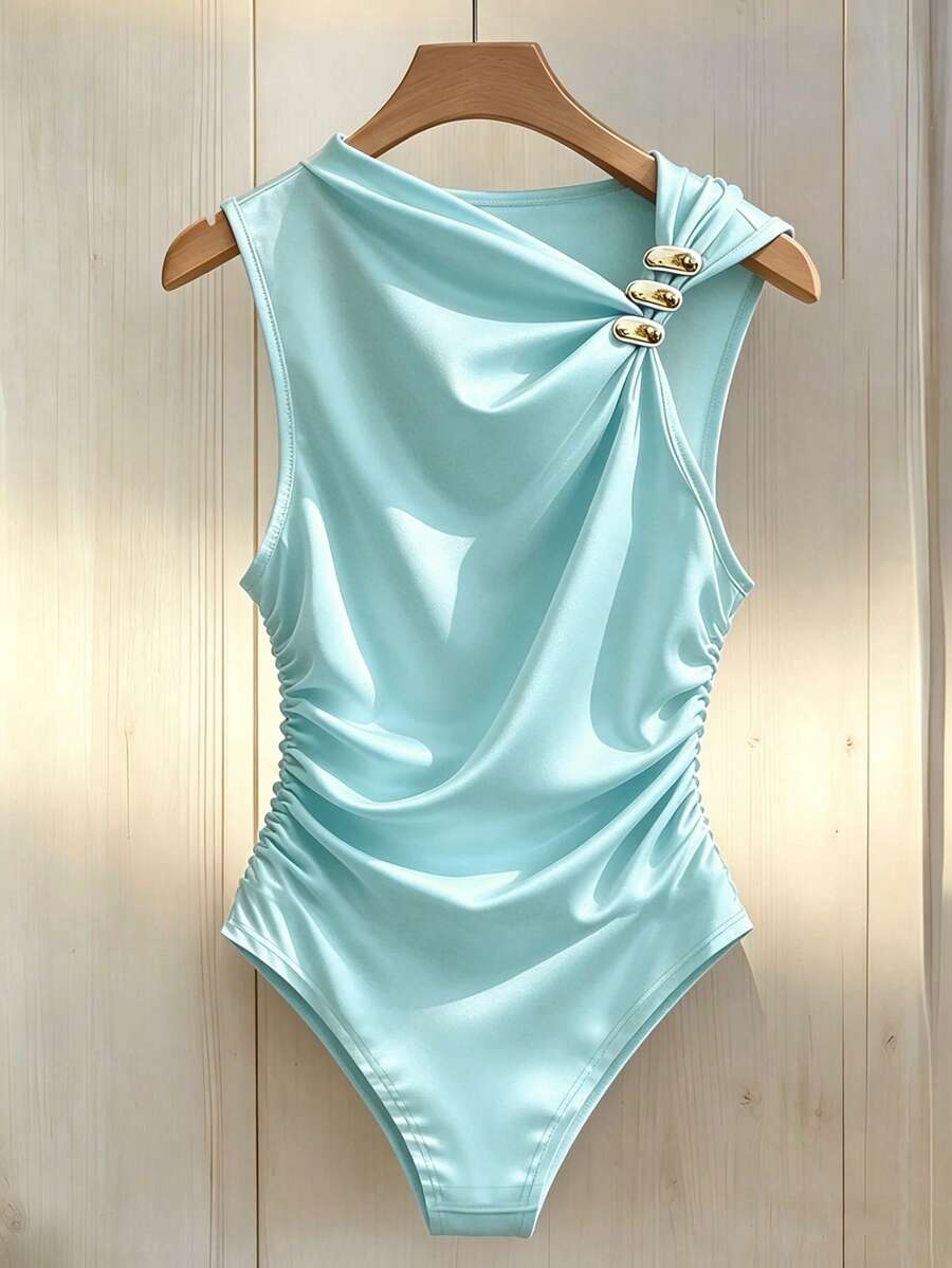 SHEIN LUNE Asymmetrical Neckline Metal Buckle Decor, Ruched Waist Fitted Bodysuit - Blue - View 1