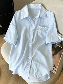 Resyla Summer Casual Soft Blue Short Sleeve Shirt And Shorts 2 Pieces Set - Blue - View 6