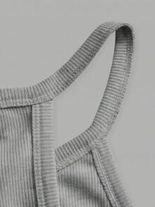 Slaydiva Women's Grey Summer Casual Everyday Home Ribbed Tank Top, Basic Versatile Solid Crew Neck Racer Back Off-Shoulder Vest For Party, Sports Yoga, Beach - Grey - View 4