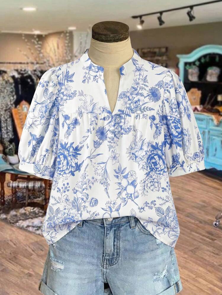 Plus Size V-Neck Short Petal Sleeve Casual Allover Print Loose Shirt, Summer