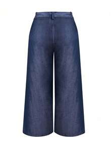 SHEIN Unity Plus Size Loose Wide Leg Jeans With Elastic Waistband And Denim Effect Fall Cloth For Women - Navy Blue - View 2
