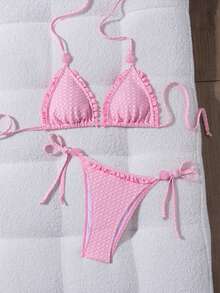 Swim Mod Women 2-Piece Pink Polka Dots Plaid Textured Ruffle Triangle Halter Tie Bikini Set Cute Sexy Summer Holiday Pool Party Beach Vacation Sweet Vibrant - Pink - View 6