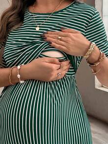 SHEIN Đầm cho bà bầu in sọc, thích hợp mặc đi nghỉ mát và đi làm, mùa hè. - Màu xanh lá cây đậm - Xem 5