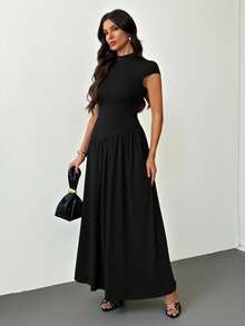 SHEIN Tall Women's Solid Color Stand Collar Puffed Sleeve Pleated Long Casual Dress, Summer Brown Dress,Dresses For Women Summer, Tall Women - Black - View 3
