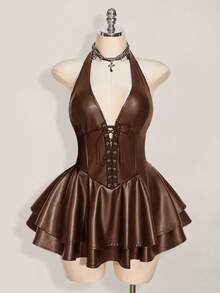 SHEIN ICON 大码Y2K时尚辣妹演唱会女装俱乐部派对节日锐舞装Y2K外出交叉绑带PU皮革露背迷你吊带黑色连衣裙 - 棕色 - 查看 3