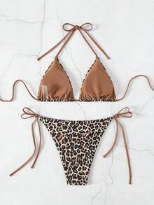 Swim Vcay Set de 2 piezas Bikini con tirantes finos y espalda descubierta con lazo lateral, estampado de leopardo aleatorio, para mujer, primavera/verano 2026 - Multicolor - Ver 5