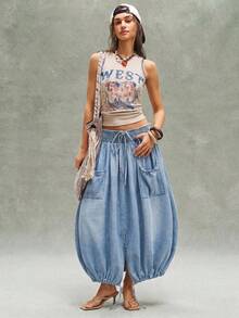 Bohemela Chân váy denim dài buộc dây thời trang cho nữ - Màu xanh lam - Xem 7