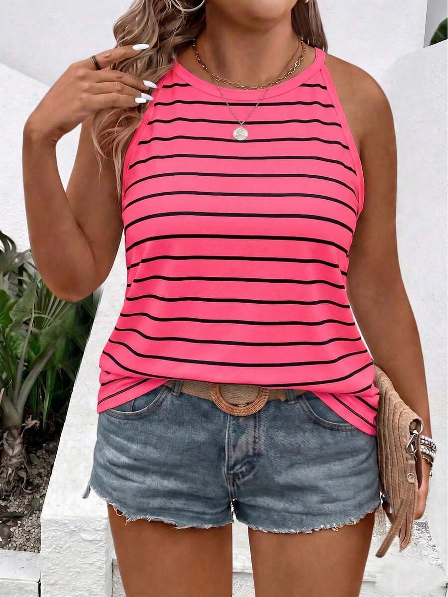 EMERY ROSE Nueva llegada Camiseta sin mangas con cuello halter a rayas para mujer de talla grande - Multicolor - Ver 1