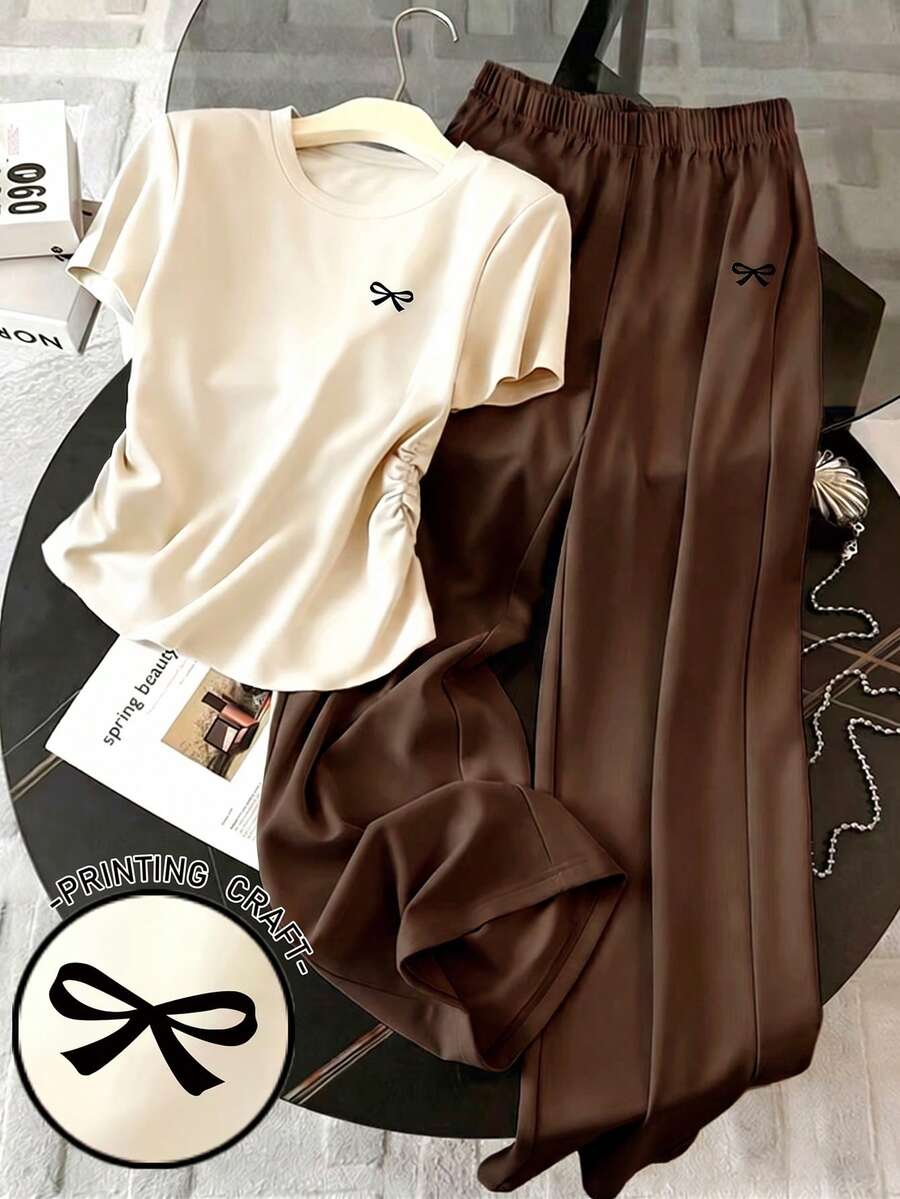 SHEIN 女士春夏新款可爱蝴蝶结印花两件套,休闲百搭 - 彩色 - 查看 1