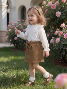 SHEIN Vintaside Kids Ensemble Chemisier Petite Fille Avec Jupe Courte Et Ceinture, Tenue Simple Et Élégante Pour Les Saisons De Printemps Et D'automne - Multicolore - Voir 9
