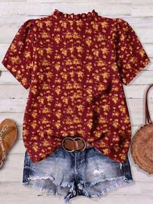 SHEIN LUNE Plus Size Floral Print Cutout Collar Casual Short Sleeve Shirt, Summer - Red - View 2