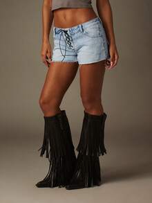 MISSGUIDED High Rise Light Wash Denim Shorts With Fringe Hem And Lace Up Front Detail - Blue - View 5