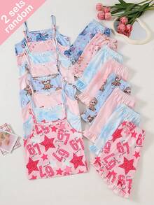 4pcs/Set Girls Cute Cartoon Otter, Teddy Bear, Heart, Number 67, Rabbit, Tie-Dye Gradient, Solid Color, Cartoon Print Sleeveless Camisole Top With Ruffled Hem Shorts Pajama Set, Comfortable Soft Knit Fabric, Casual Daily Wear For Spring/Summer - Multicolor - View 3