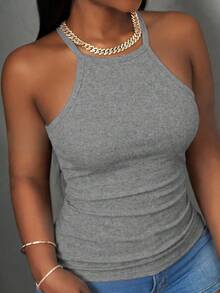 Slaydiva Women's Grey Summer Casual Everyday Home Ribbed Tank Top, Basic Versatile Solid Crew Neck Racer Back Off-Shoulder Vest For Party, Sports Yoga, Beach - Grey - View 7