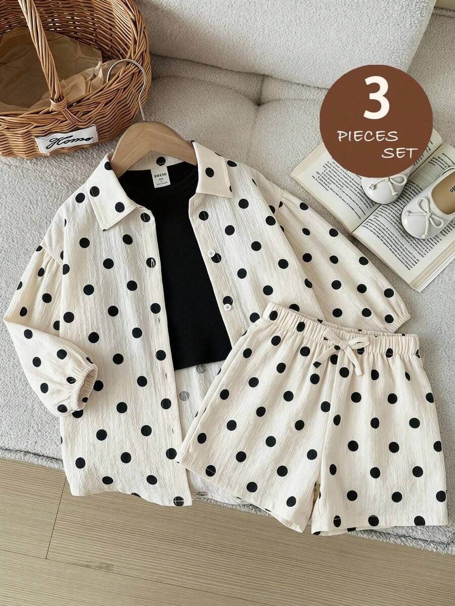 SHEIN Young Girl Polka Dot Print Shirt And Shorts Set - Black and White - View 1