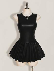 SHEIN ICON 女士纯色圆领无袖褶裥下摆迷你连衣裙 - 黑色 - 查看 4