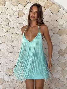 Aloruh Women's Spring/Summer Spaghetti Strap Deep V Neck Fringe Decor Asymmetrical Hem Mini Dress Party Teal Blue,Graduation Dress - Mint Blue - View 3