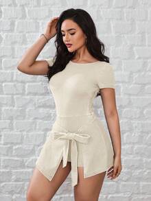 SHEIN Unity 女士圆领短袖侧打结休闲牛仔连衣裙 - 白色 - 查看 2