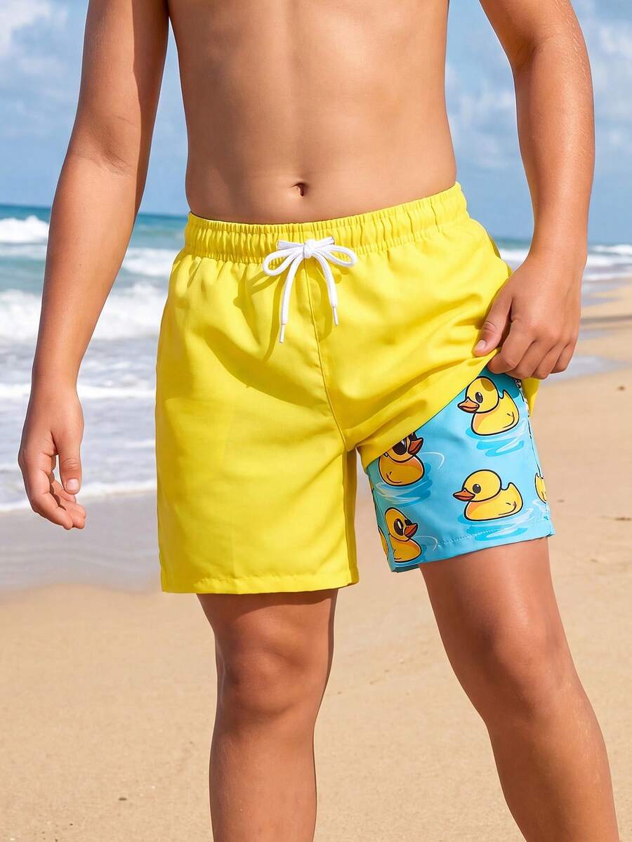 SHEIN Quần short đi biển thường ngày, cạp chun, thời trang cho bé trai tuổi teen. - Màu vàng - Xem 1