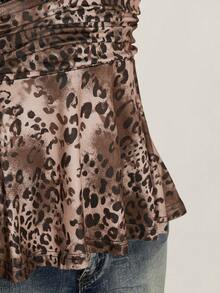 SHEIN ICON Plus Size Women's Chocolate Brown Summer 70's Leopard Print Top Y2K 80s 90s Retro Deep V Halter Neck Waist Gathered Loose Hem Night Brunch Party - Multicolor - View 10