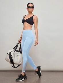 Activina Solid Color Mesh Patchwork High Waist Skinny Leggings - Baby Blue - View 4