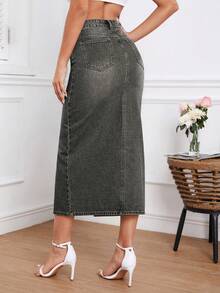 SHEIN Essnce 女士休闲水洗不对称口袋开衩牛仔裙 - 黑色 - 查看 2