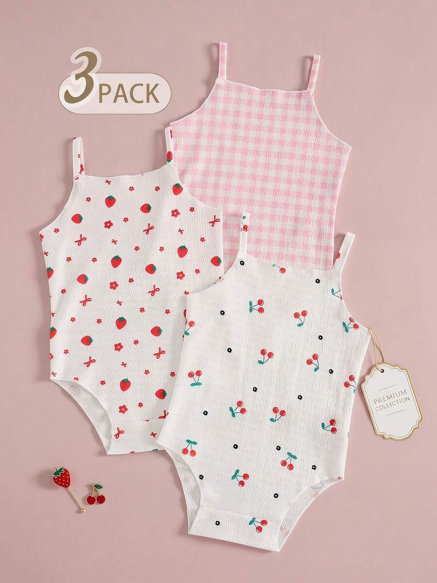 SHEIN Bộ đồ 3 món cho bé gái, dễ thương, giản dị, phong cách thường ngày, không tay, in hình dâu tây, anh đào và kẻ caro. - Nhiều màu - Xem 1