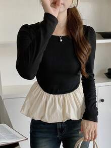 DAZY Women Crew Neck Colorblock Long Sleeve T-Shirt,Ruffle,Fall Clothes - Black and White - View 3