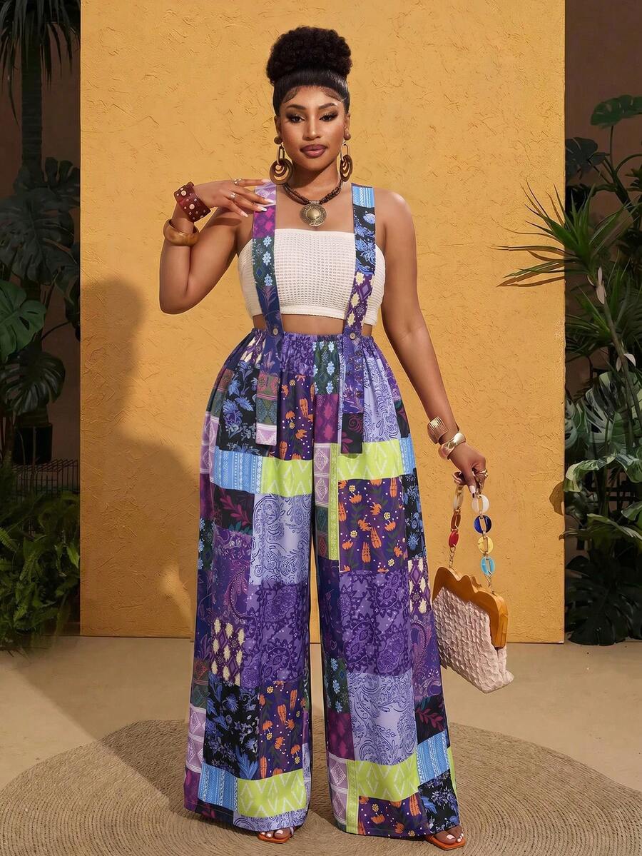 Maweii Plus Size Women Retro Patchwork Print Jumpsuit Fall - Lilac Purple - View 1