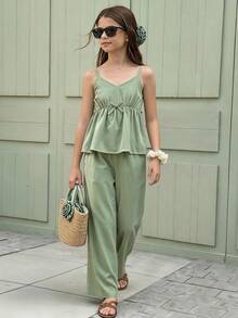 SHEIN Sparklyn 大码女童休闲度假T恤套装，白色吊带宽松蕾丝边上衣和白色阔腿裤套装 - 綠色 - 查看 5