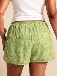 Elaquor Plus Size Sequin Patchwork Embroidered Elastic Waist Loose Summer Shorts Green Short For Women Casual Vacation Going Out Short For Women - Green - View 2