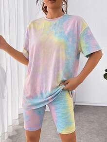 SHEIN EZwear 女士扎染圆领短袖T恤和短裤休闲针织套装 - 彩色 - 查看 5