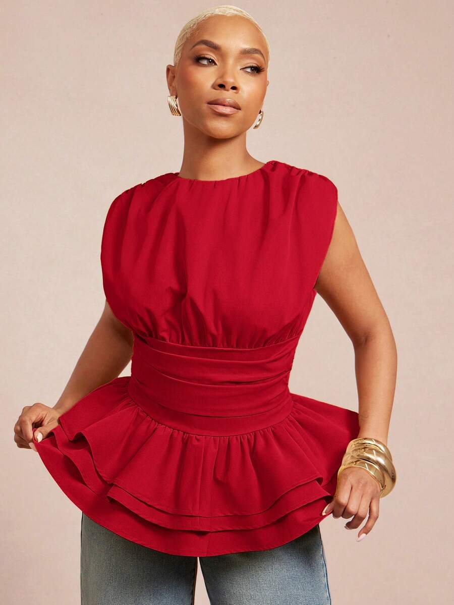Vixey Top con cuello redondo sólido tejido, volantes fruncidos, sin mangas y dobladillo de peplum en capas - Rojo - Ver 1