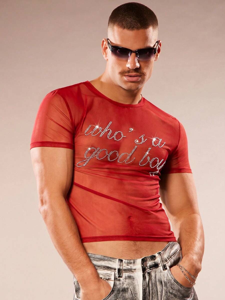 FeverCity Men's Hip-Hop Rhinestone Mesh Short Sleeve Round Neck T-Shirt, Streetwear - Red - View 1