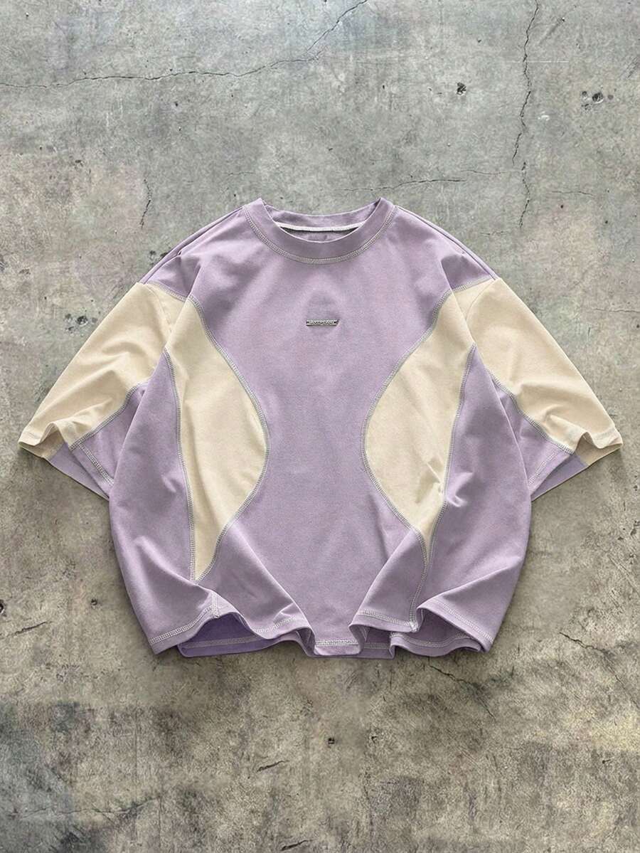 AXEPEAK Camiseta holgada de verano de color contrastante para hombres de talla grande, de moda casual y para uso diario - Morado - Ver 1