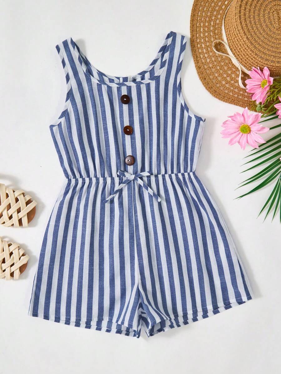 SHEIN Tween Girls' Casual Loose Striped Jumpsuit, Suitable For Daily, Vacation, Beach - Blue - View 1
