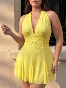 Hourglow Plus Size Women Vacation Contrast Lace Halter Neck Dress, For Hourglass Body Shape Holiday Yellow Summer Cute Kawaii - Yellow - View 6