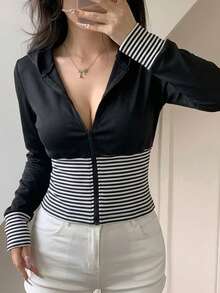 DAZY Áo khoác thể thao nữ dài tay có mũ trùm đầu, khóa kéo, kẻ sọc - màu đen - Xem 1
