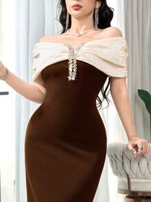 Feyla Gaun Panjang Elegan Wanita dengan Desain Bahu Terbuka Berkerut dan Hiasan Kristal, Warna Cokelat dan Krem Formal untuk Musim Panas - Coffee Brown - View 5