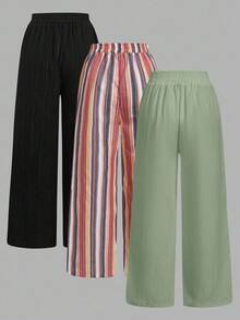 SHEIN Essnce Set Celana Panjang Wanita Kasual 3 Potong dengan Ikat Pinggang dan Kantong, Model Lurus, Cocok untuk Musim Panas - MultiWarna - View 2
