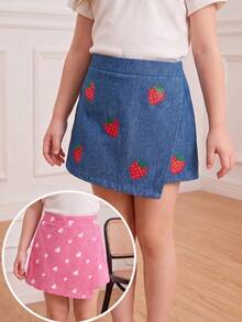 SHEIN Elladie kids 2件/組 少女活力度假風 仿牛仔印花不對稱短褲，向日葵、愛心、臉孔圖案，藍色與粉色組合，適合夏季出遊 - 彩色 - 查看 3