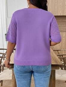 EMERY ROSE Plus Size Casual Hollow Out Round Neck Short Sleeve Top - Purple - View 2