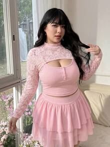 CovetEZ 大尺碼女款粉色蕾絲拼接立領時尚百搭長袖上衣，哥德風性感上衣 - 粉色 - 查看 3