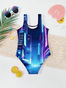 Young Girl Fashionable Cartoon Girl Print One-Piece Swimsuit, Casual Minimalist K-POP Cartoon Girl Design, Suitable For Summer - Multicolor - View 2