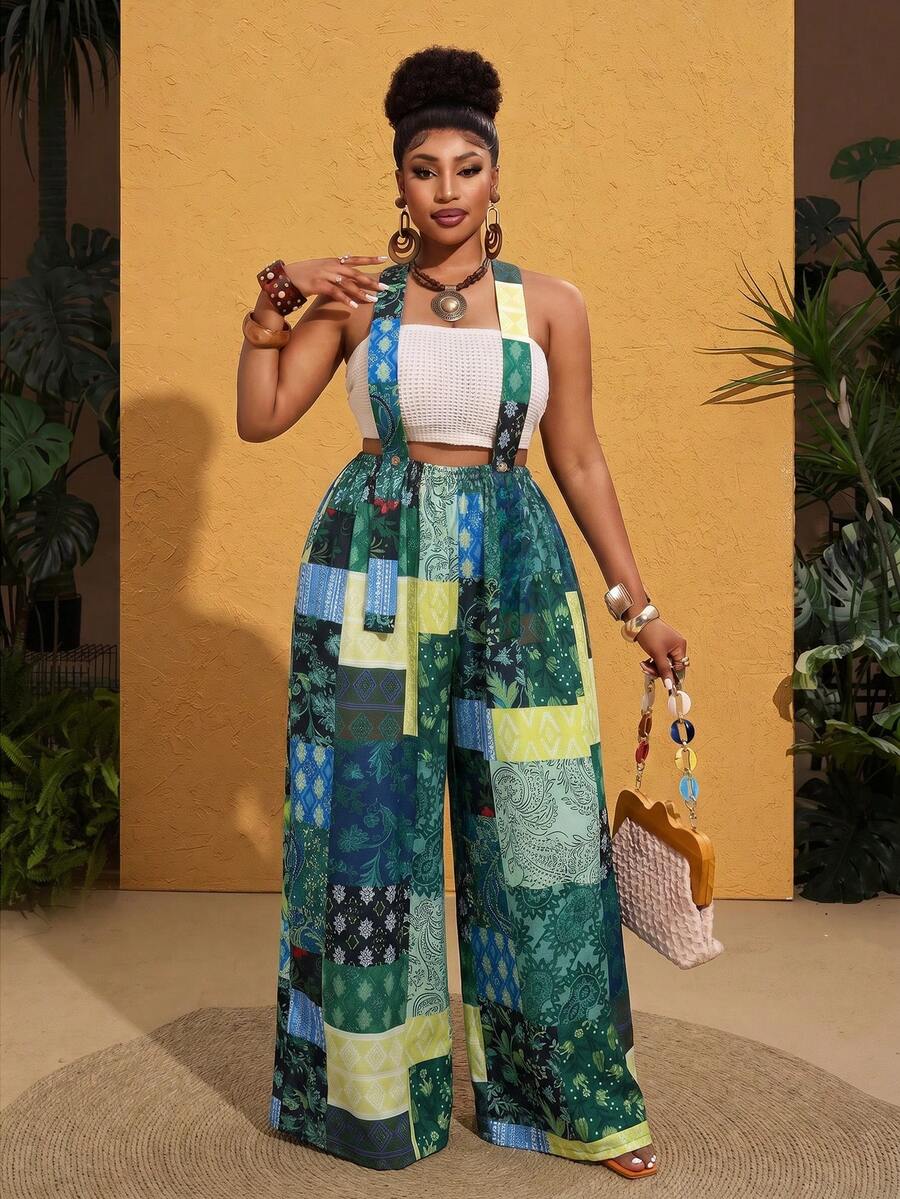 Maweii Plus Size Women Retro Patchwork Print Jumpsuit - Green - View 1
