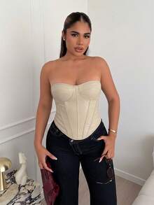 Maria Perezxox Women's Casual Solid Color Bandeau Top With Fishbone Stitching, Summer - Apricot - View 5