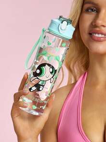THE POWERPUFF GIRLS X SHEIN 750毫升水瓶，配有硅胶吸管和防漏盖，适合旅行、观光和上学使用，塑料材质。 - 綠色 - 查看 2