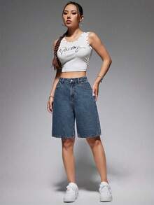 SHEIN EZwear 女士休闲百搭百慕大牛仔短裤，带口袋 - 藍色 - 查看 5