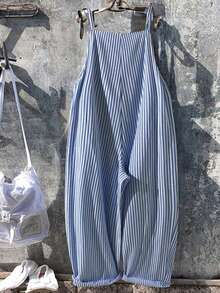 EMERY ROSE Plus Size Loose Minimalist Vertical Striped Bib Pants - Navy Blue - View 2